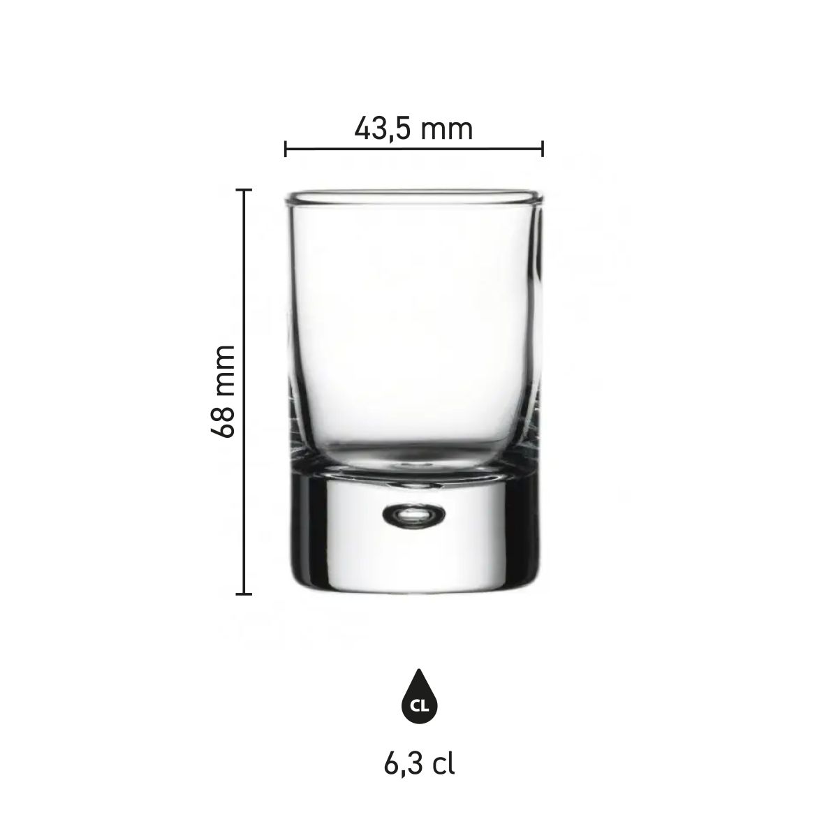 Infographic met afmetingen van het Centra Shot 6,3 cl glas inclusief hoogte en diameter.