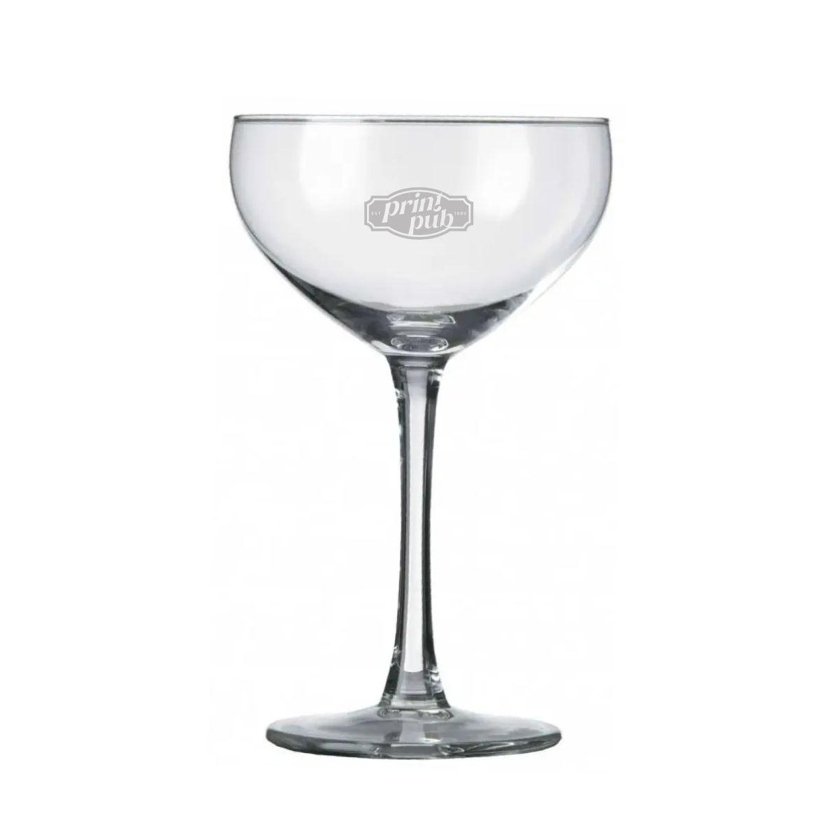 Transparant champagneglas 24 cl. met fijn gegraveerd PrintPub-logo zichtbaar op de voorkant.