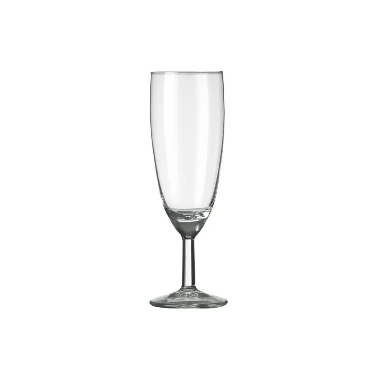 Champagneflute Gilde 16 cl van helder glas, recht van voren in beeld met slanke voet en lange kelk.