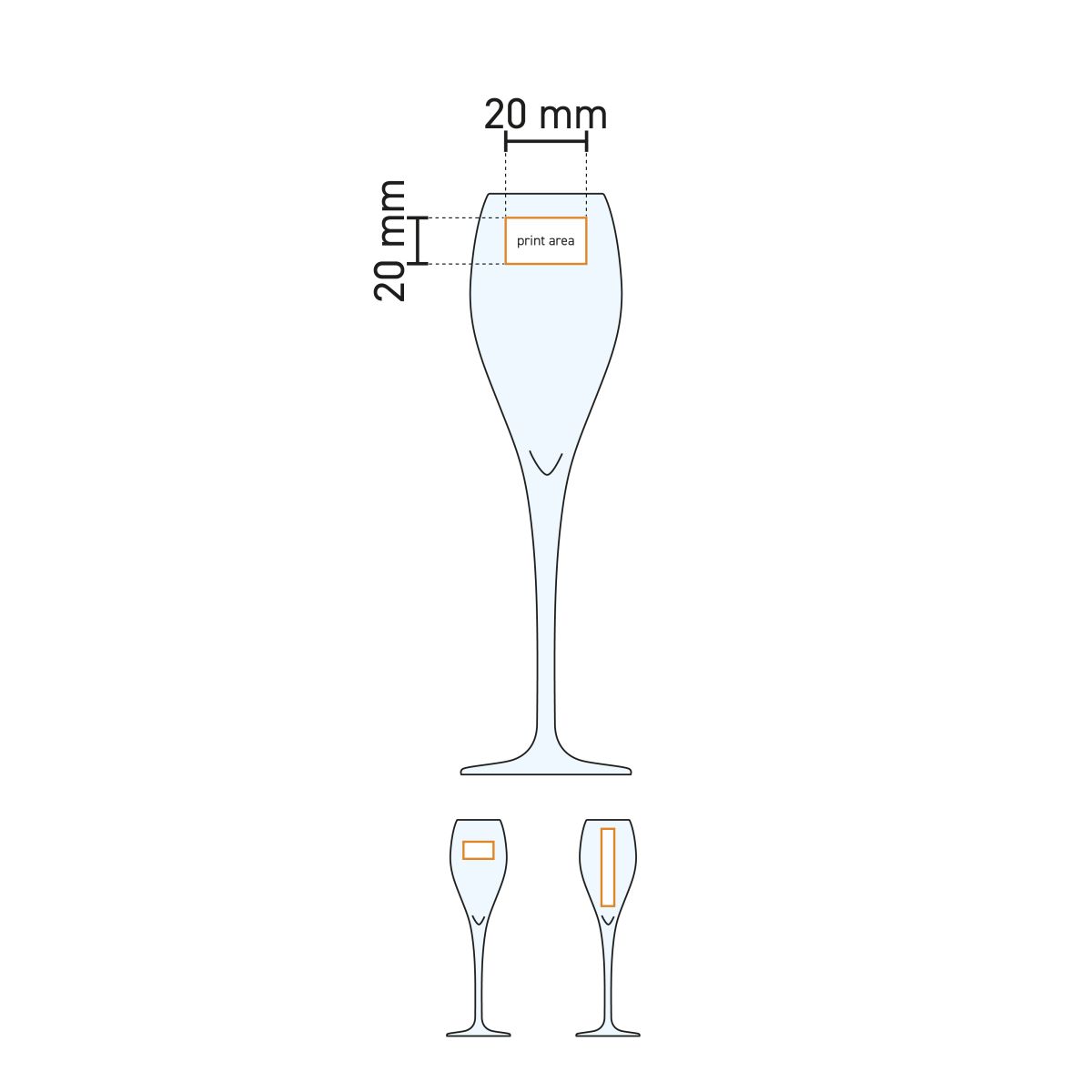 Technische werktekening van het drukgebied op het Monte Carlo champagneglas 22,5 cl.