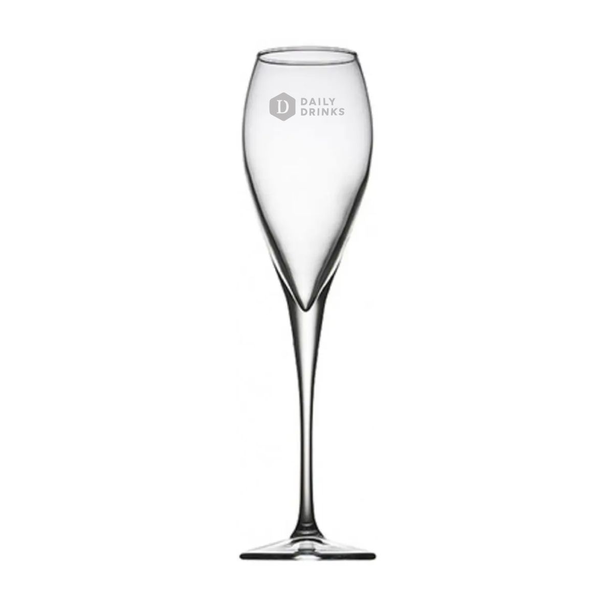 Glazen champagneflute van 22,5 cl met gegraveerd DailyDrinks-logo zichtbaar aan de voorkant.