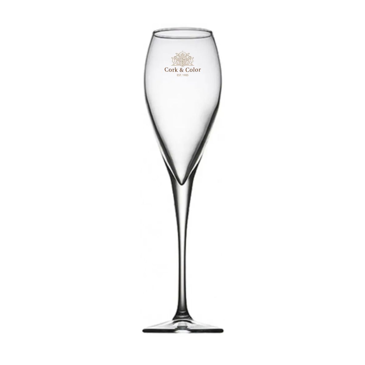 Monte Carlo champagneglas van 22,5 cl met meerkleurig CorkColor-logo op de voorzijde.
