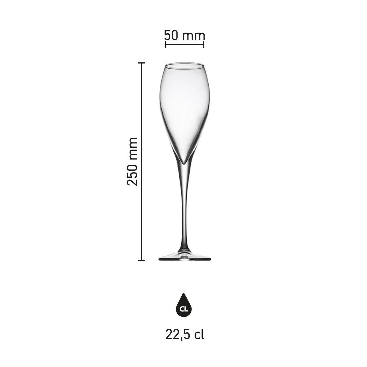 Infographic met maataanduidingen van de Monte Carlo champagneflute 22,5 cl in glas.