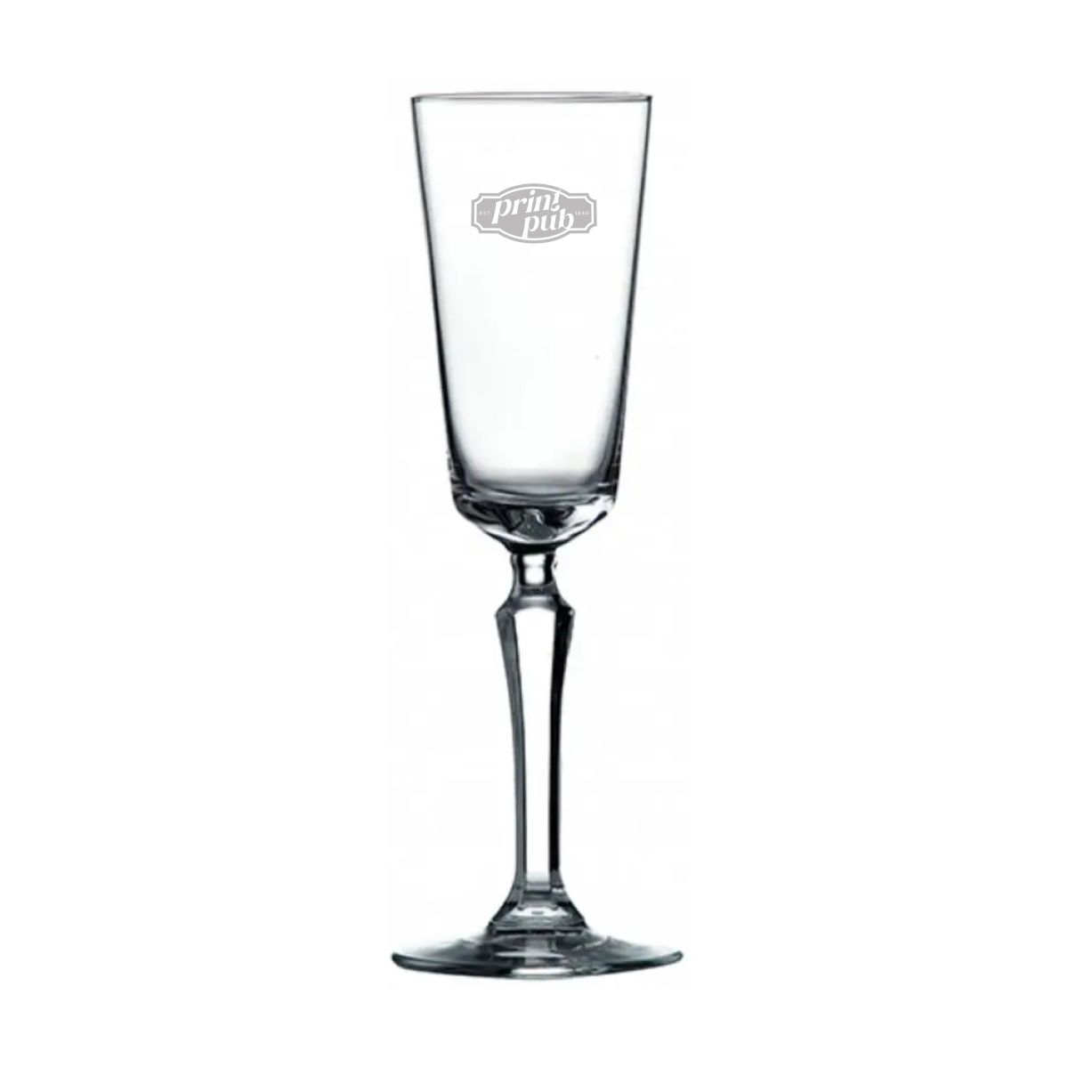 Champagneglas Spksy 17.4 cl met gegraveerd PrintPub-logo op het vooraanzicht van het glas.