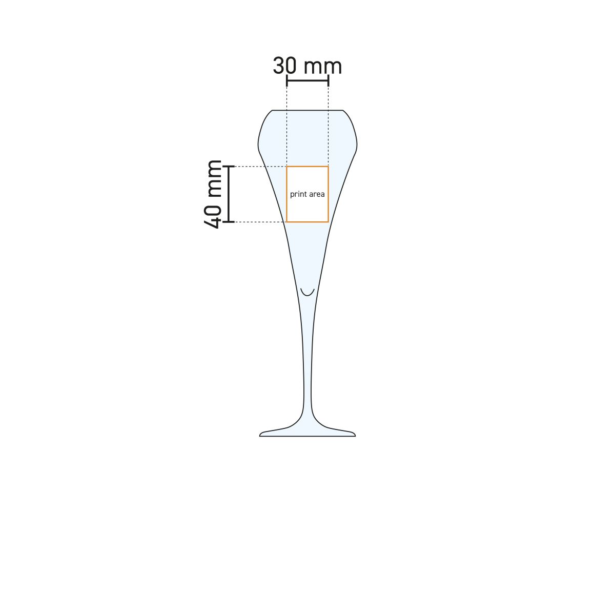 Werktekening met drukgebied voor bedrukking op Chef & Sommelier Open Up champagneglas 20 cl, kelk en positie.