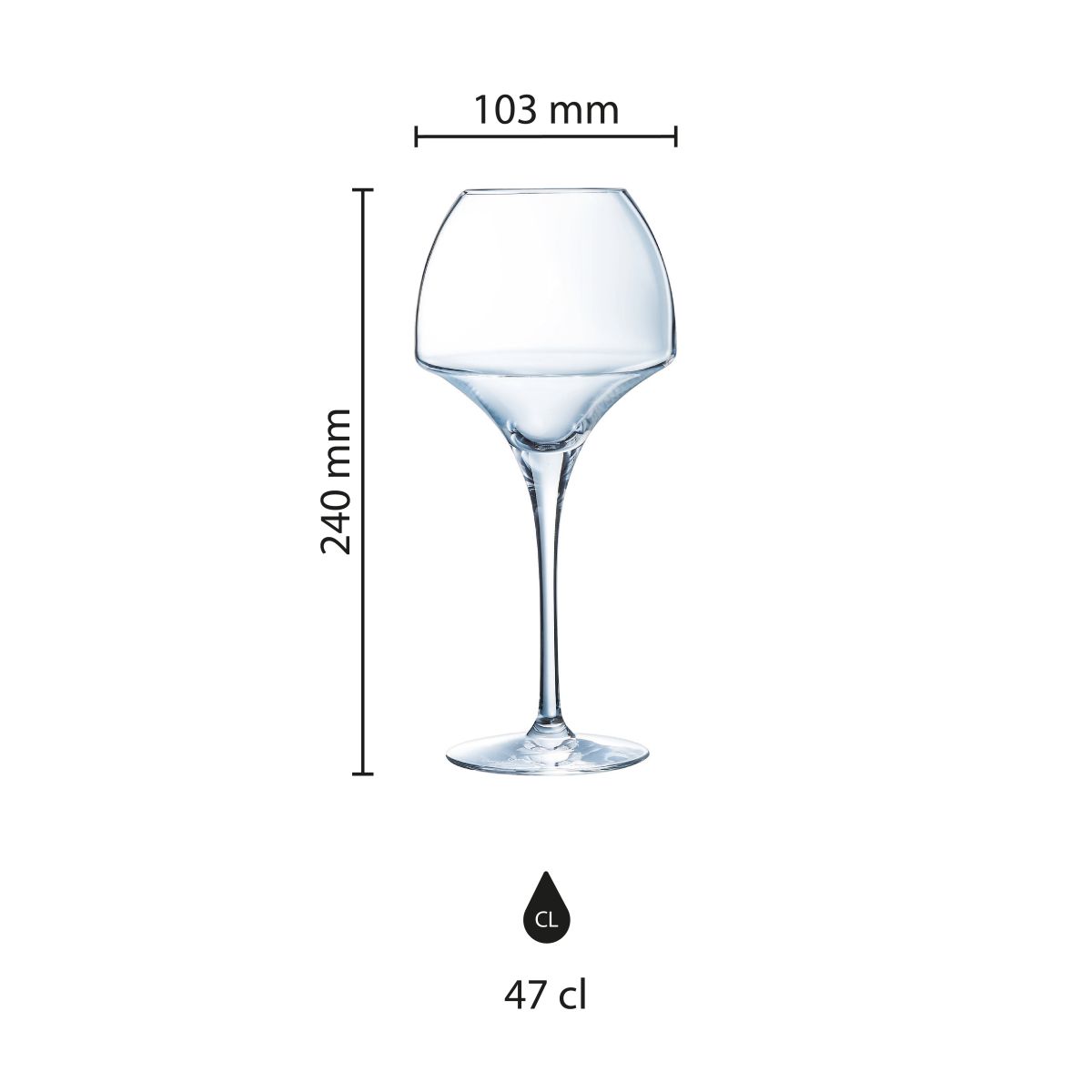 Infographic met productafmetingen van Chef & Sommelier Open Up wijnglas 47 cl.