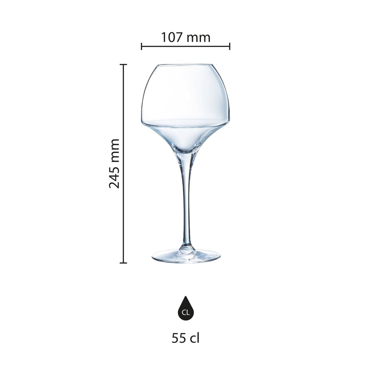 Infographic met productafmetingen van Chef & Sommelier Open Up wijnglas 55 cl.
