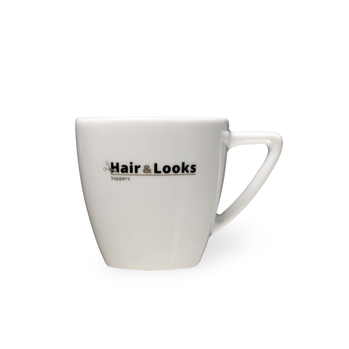 Classic wit porseleinen koffiekopje 15 cl met meerkleurig Hair & Looks kapperslogo op de voorzijde