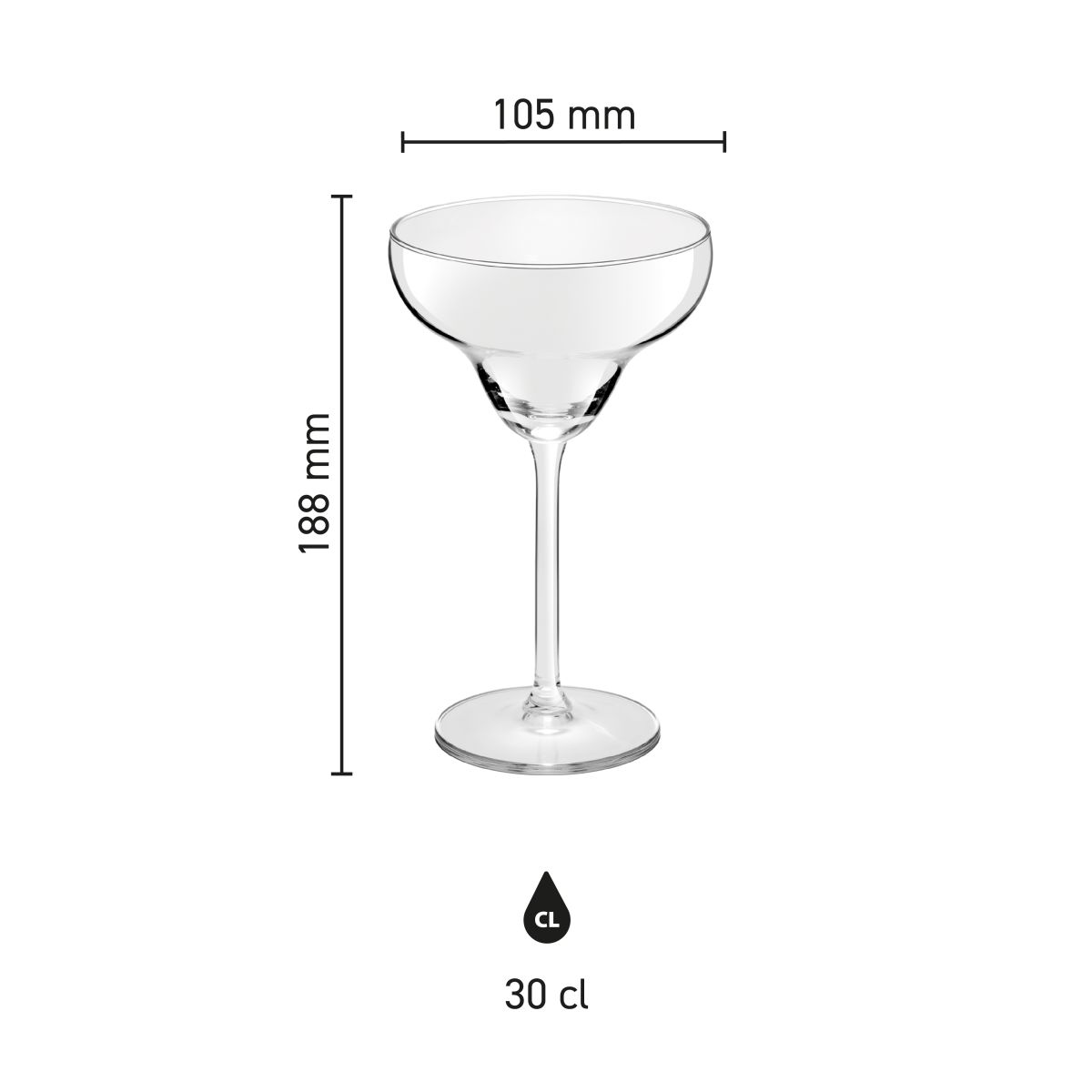 Infographic met hoogte en diameter van het Margarita cocktailglas van 30 cl glas.