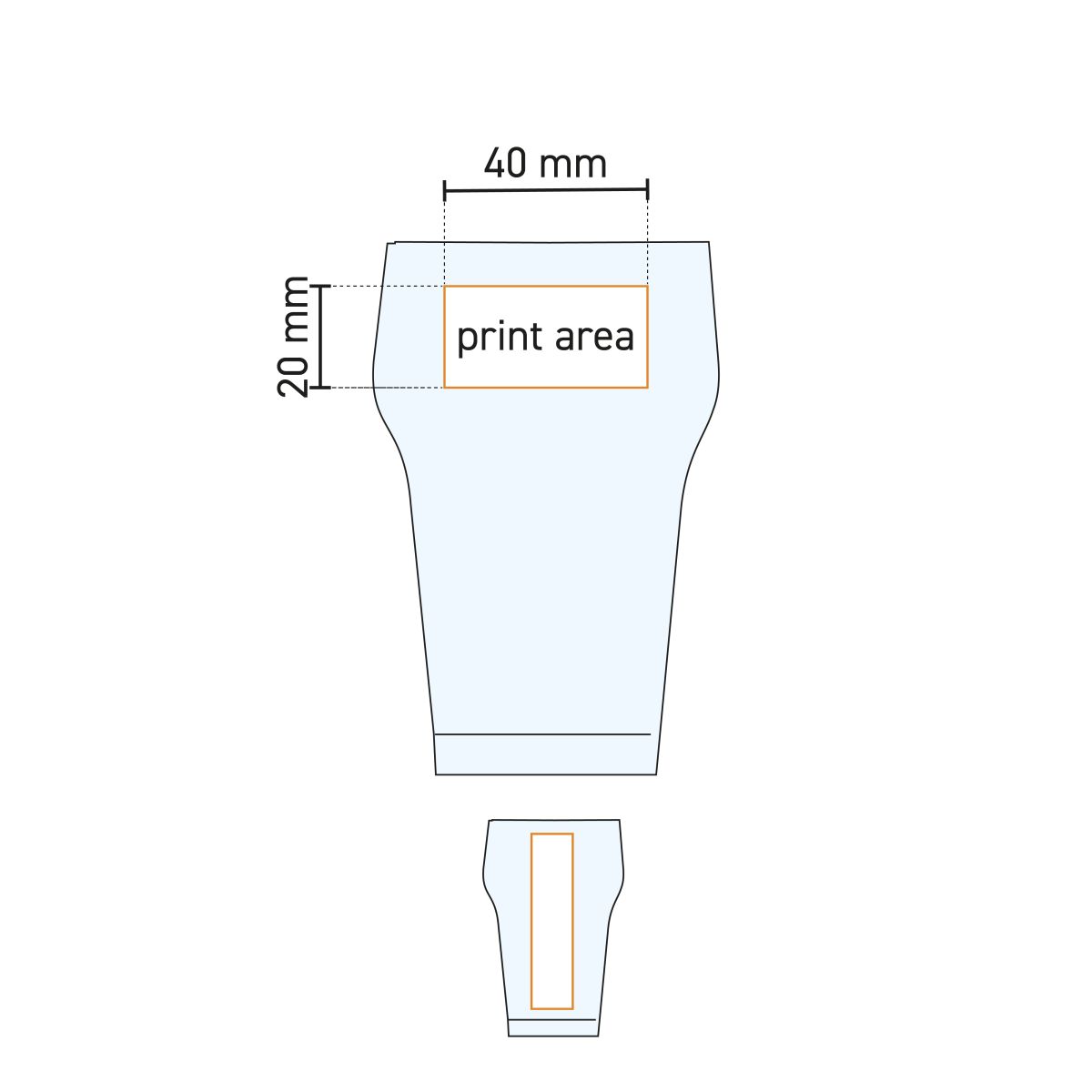 Technische werktekening van het Cola Klein 22 cl. glas met aangegeven drukgebied op voorzijde.