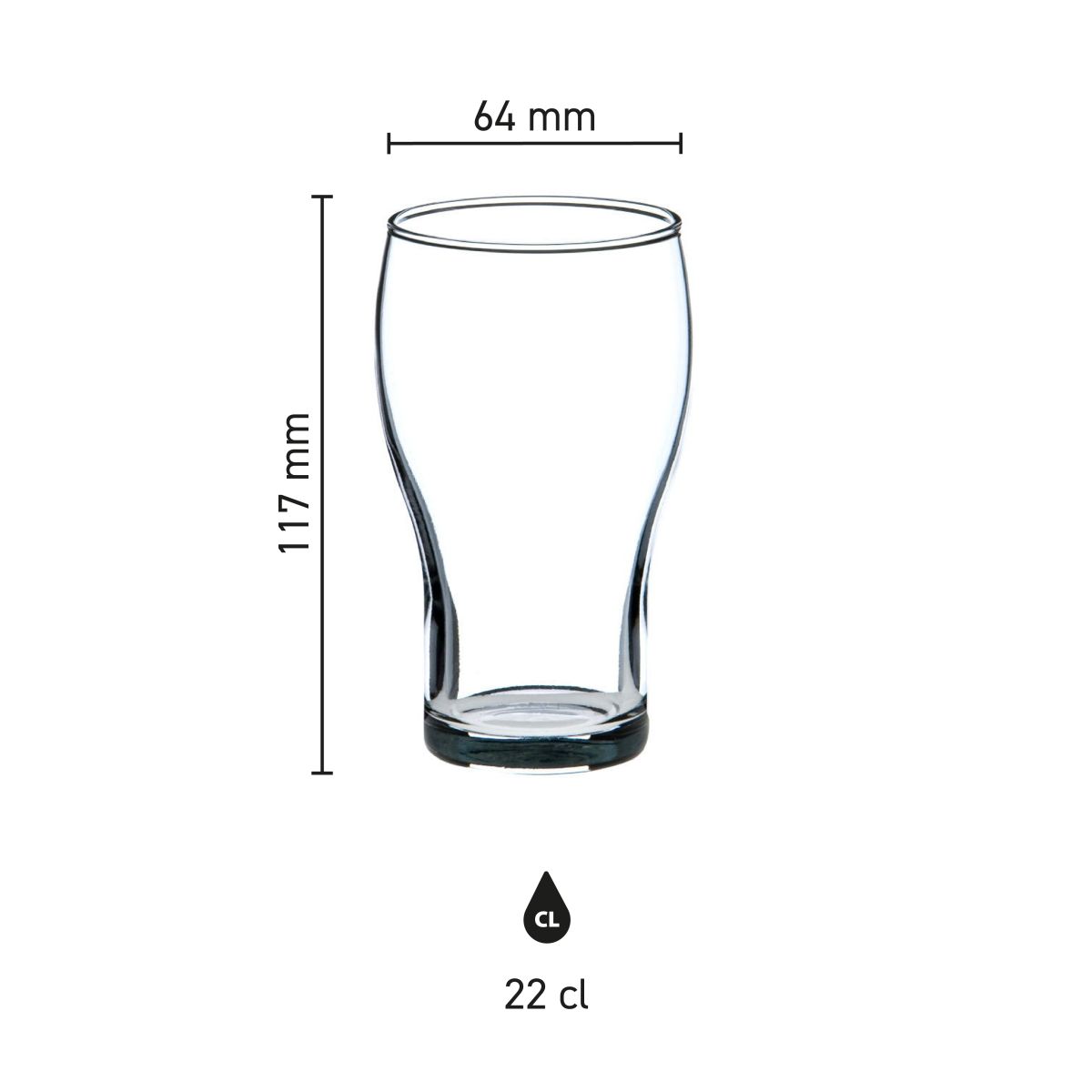 Infographic met afmetingen van het Cola Klein 22 cl. glas, inclusief hoogte en diameter.