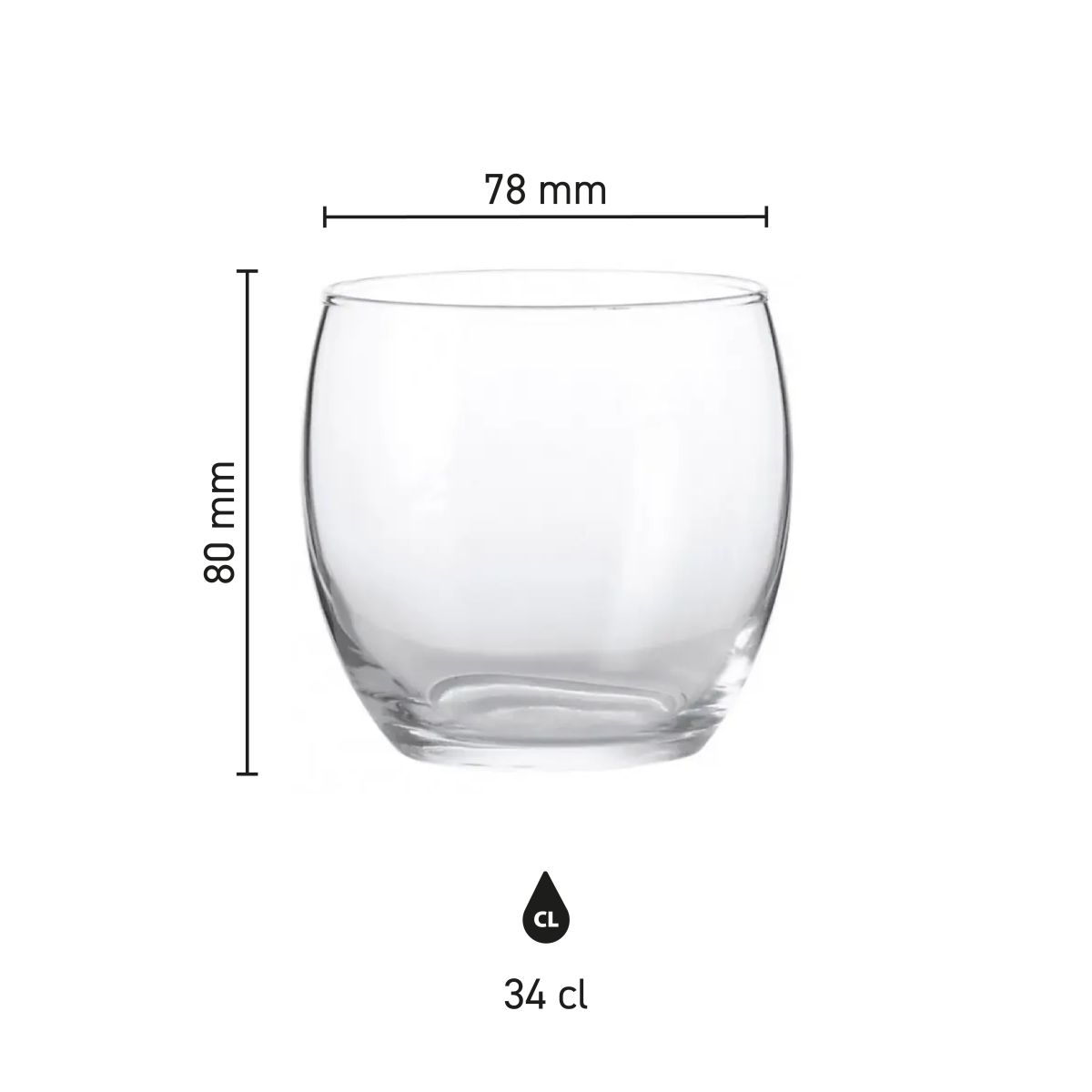 Infographic met afmetingen van het Cosy Moments tumblerglas 34 cl. inclusief hoogte en diameter.