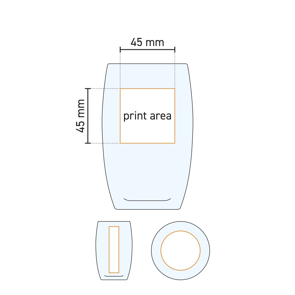 Technische werktekening van het drukgebied op het Cosy Moments tumbler hoog  36 cl.