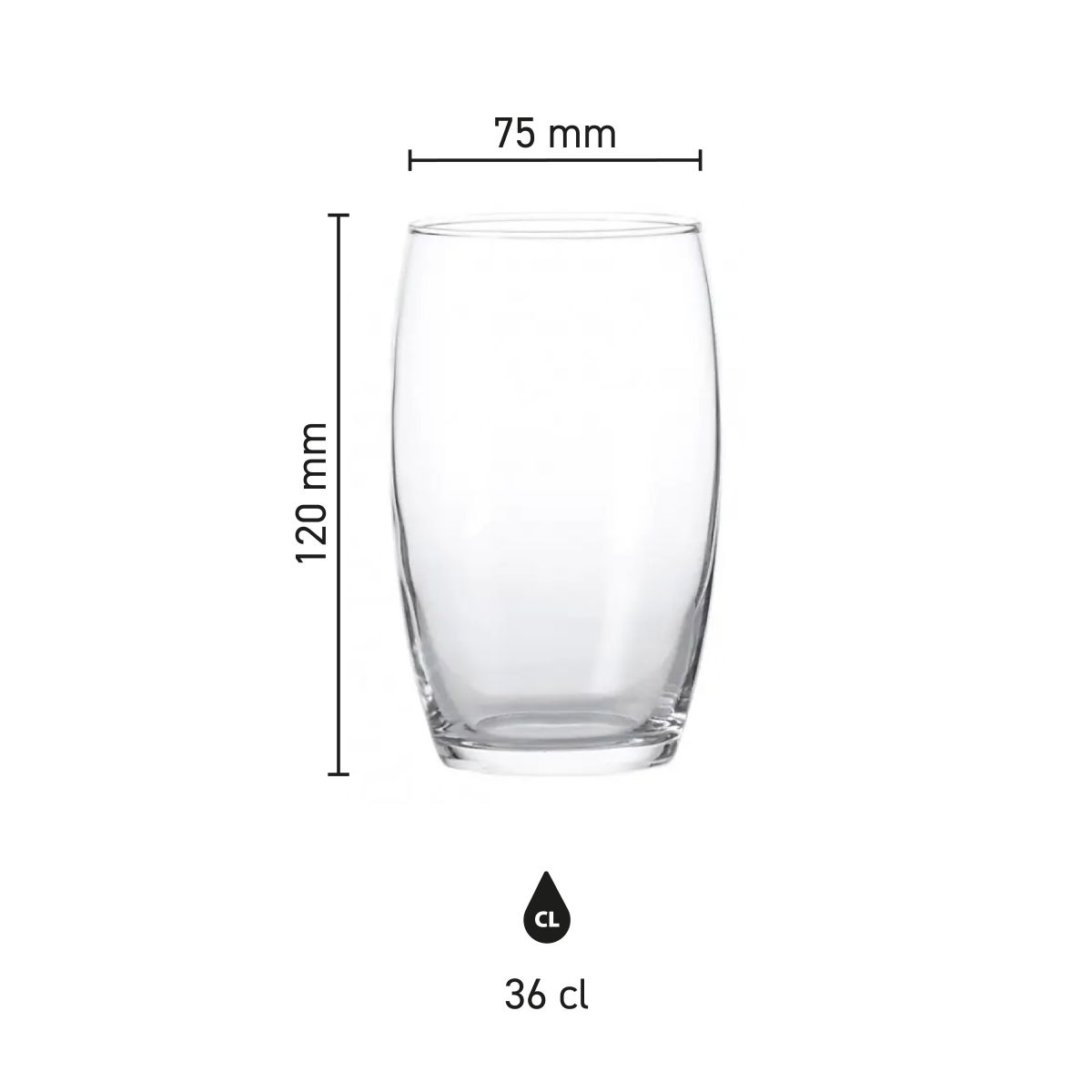 Infographic met maatvoering van het Cosy Moments tumbler hoog  36 cl. inclusief hoogte en diameter.