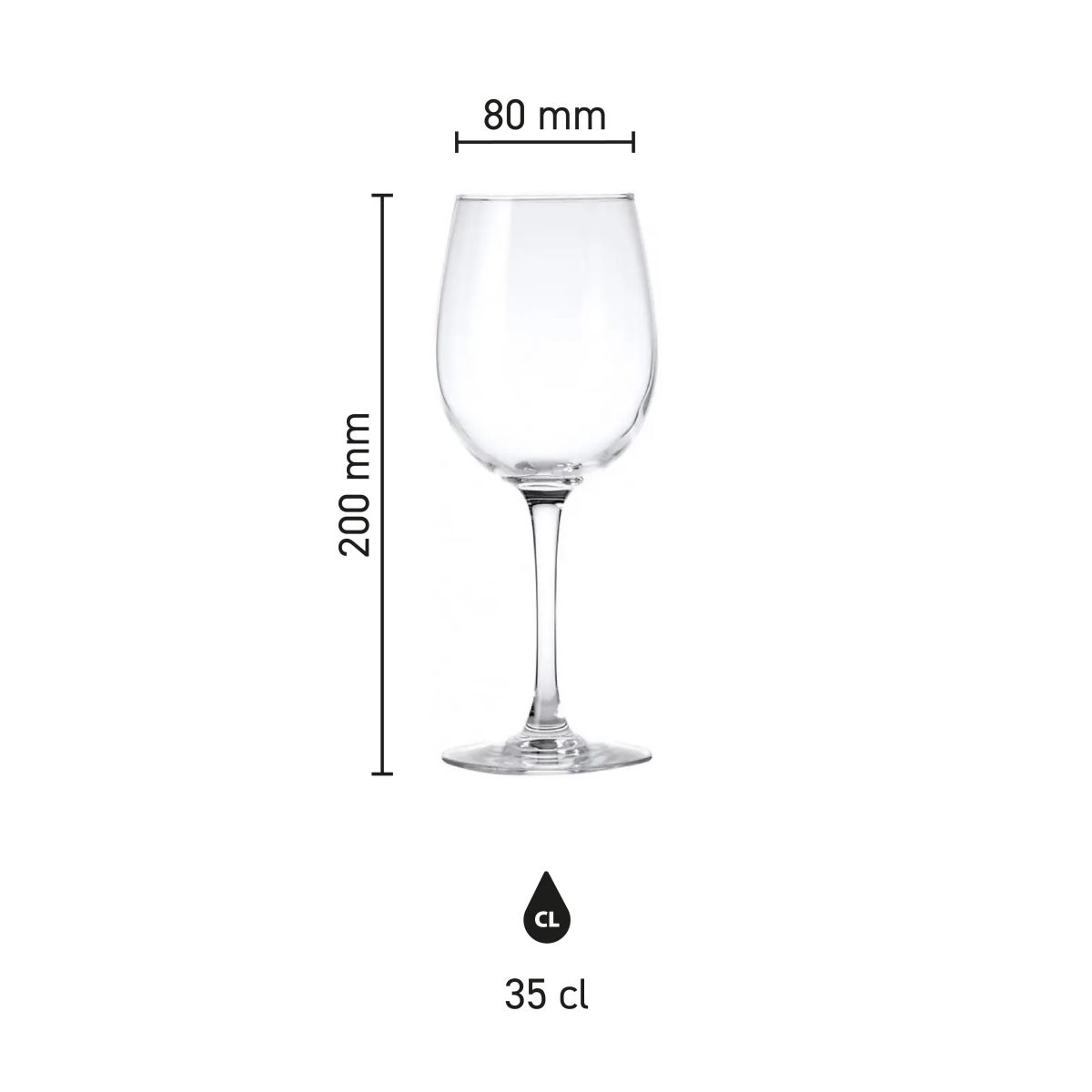 Infographic met afmetingen van het Cosy Moments wijnglas 35 cl, inclusief hoogte en inhoud.