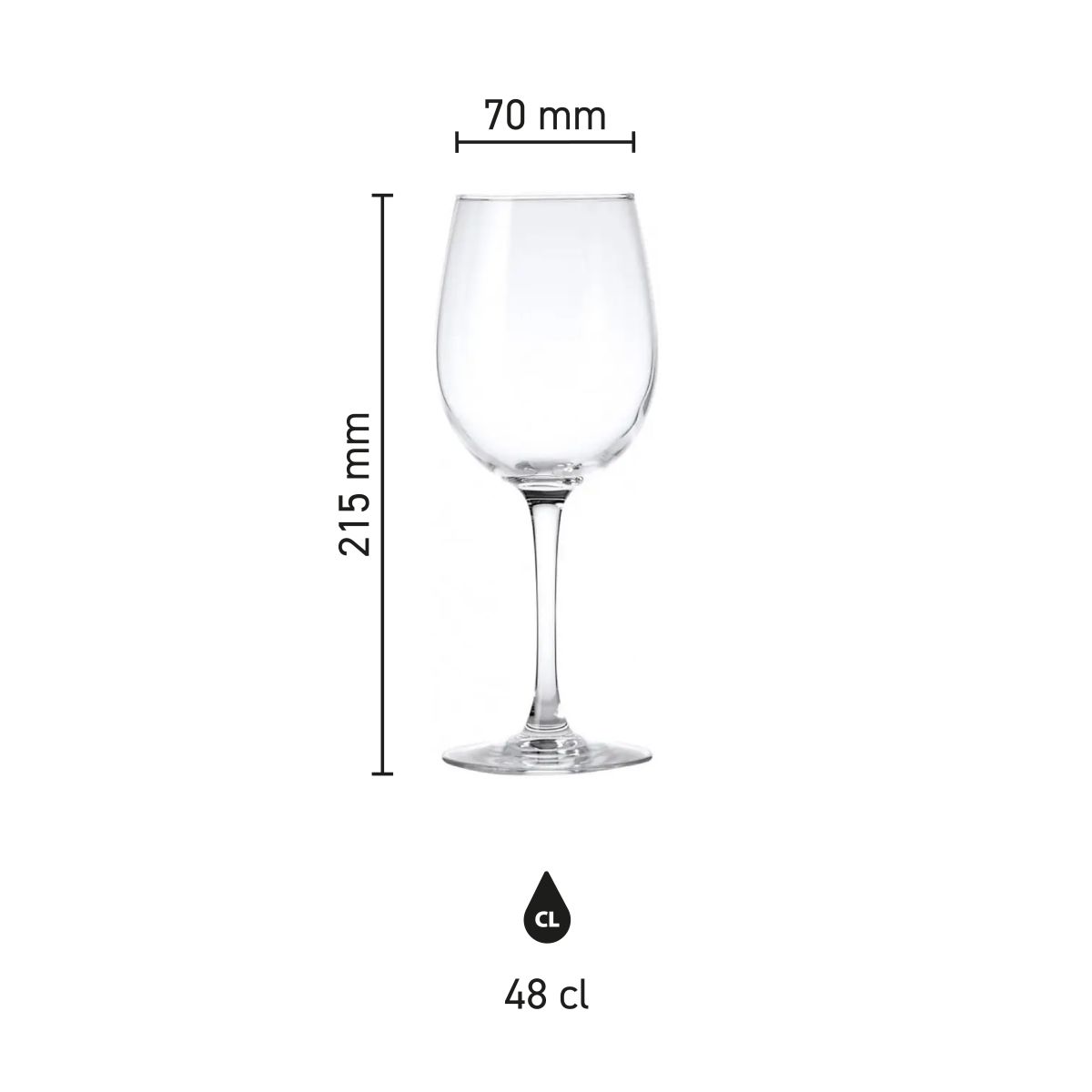 Infographic met afmetingen van het Cosy Moments wijnglas 48 cl. inclusief kelkhoogte en inhoud.