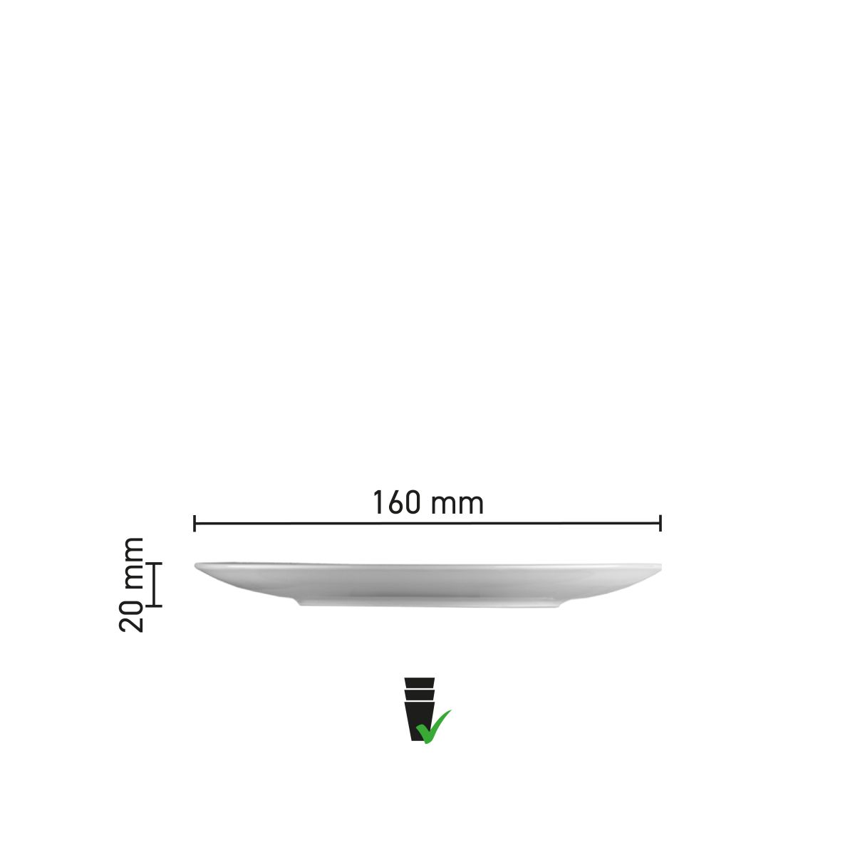 Infographic toont de diameter en hoogte van coupe bord Isabelle 16 cm van porselein.