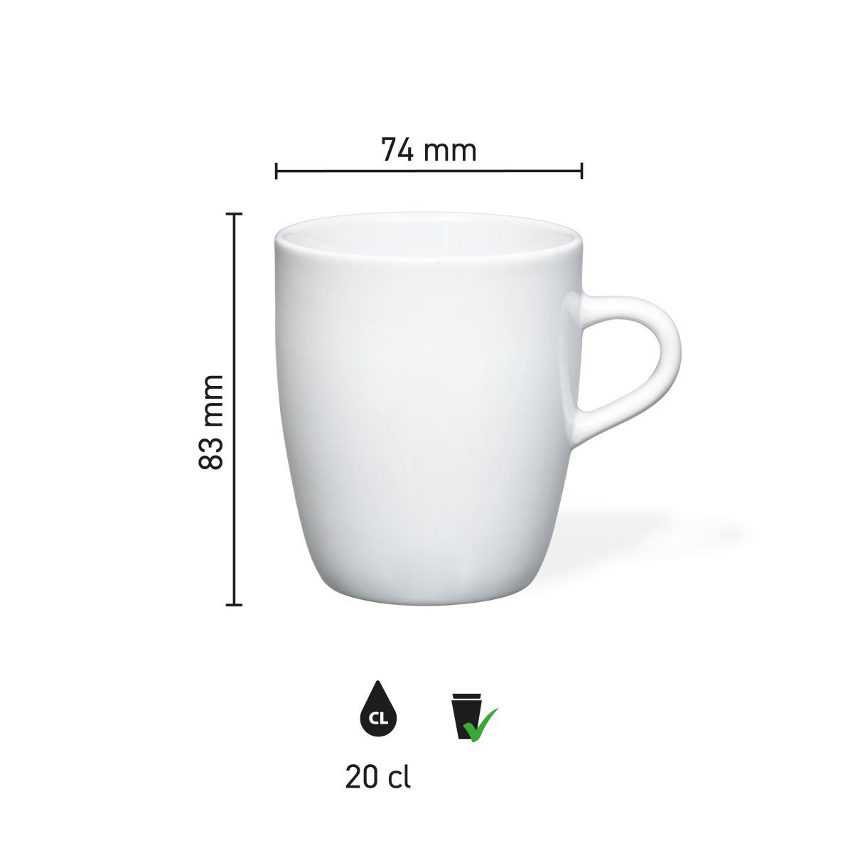 Infographic toont technische afmetingen van Cynthia mok wit 20 cl. porselein in millimeters.