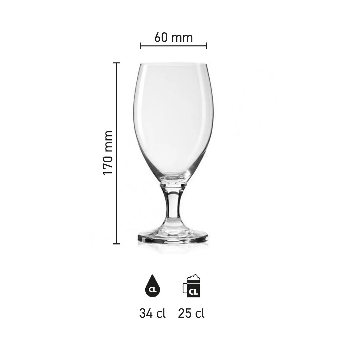 Maatvoering van de Deister Pokal 25 cl tapmaat glas met hoogte, diameter en inhoud in infographic