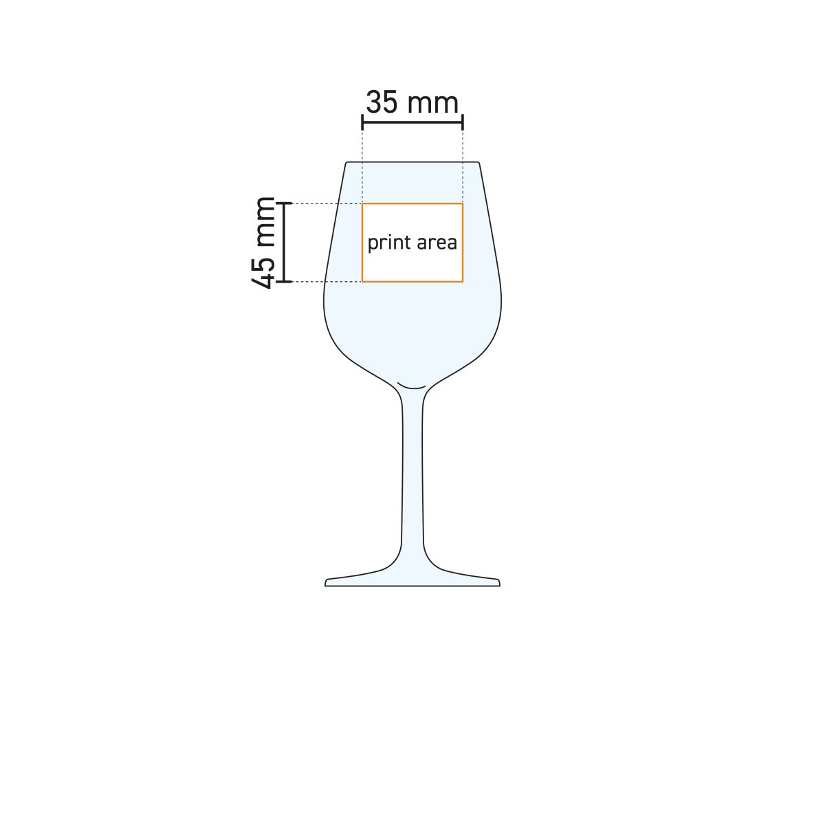 Werkschets met drukgebied van Domaine wijnglas 27 cl. glas voor bedrukking of gravure.