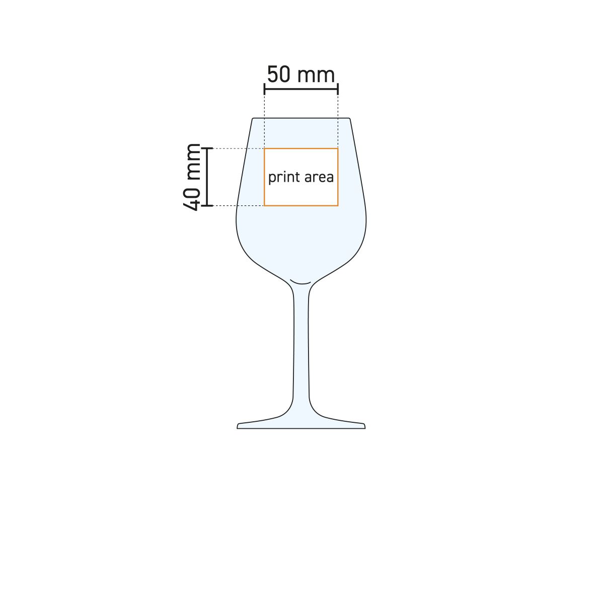 Technische werktekening met drukgebied van Domaine wijnglas 37 cl. glas voor bedrukking of gravure.