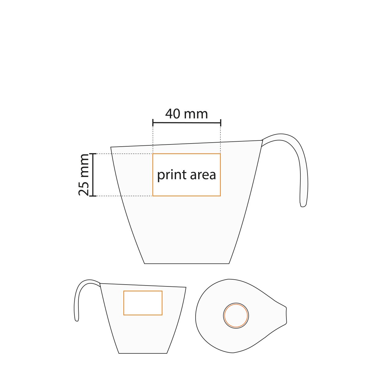 Technische werktekening van Dream kop en schotel 15 cl porselein met aanduiding van het drukoppervlak.