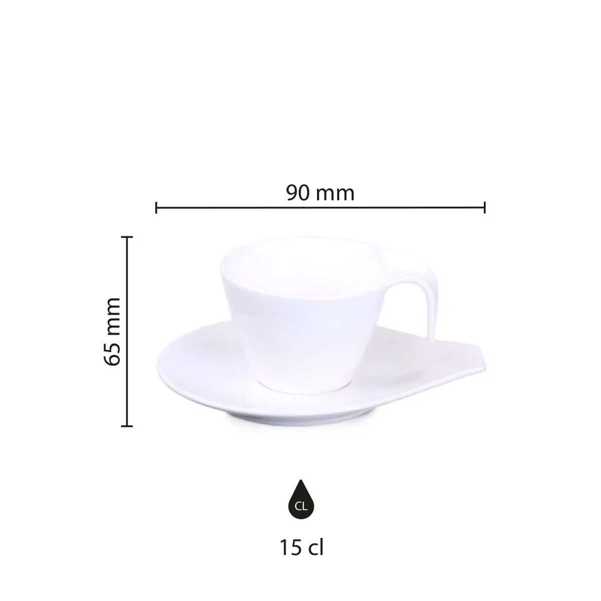 Infographic toont productafmetingen van Dream kop en schotel 15 cl in porselein, met diameter en hoogte.