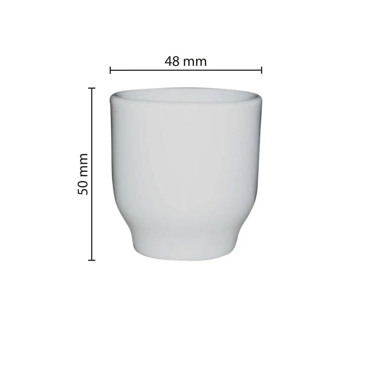 Infographic toont de afmetingen van het witte porseleinen eierdopje, inclusief hoogte en diameter.