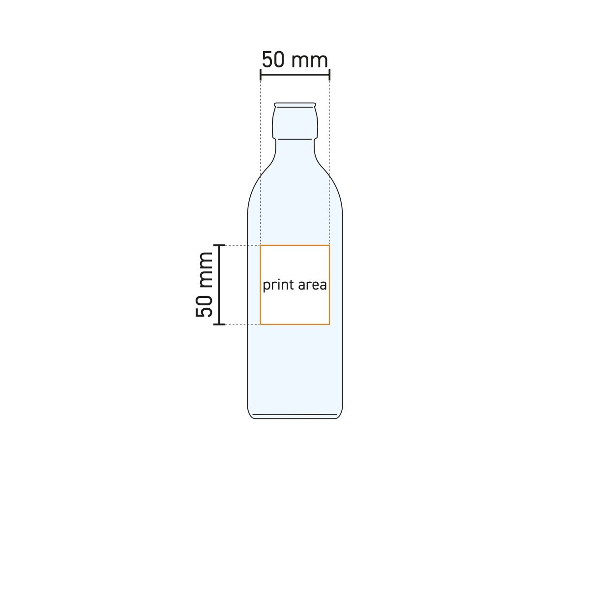 Technische werktekening toont het drukgebied op de glazen Emilia fles 0,25 liter met beugel.