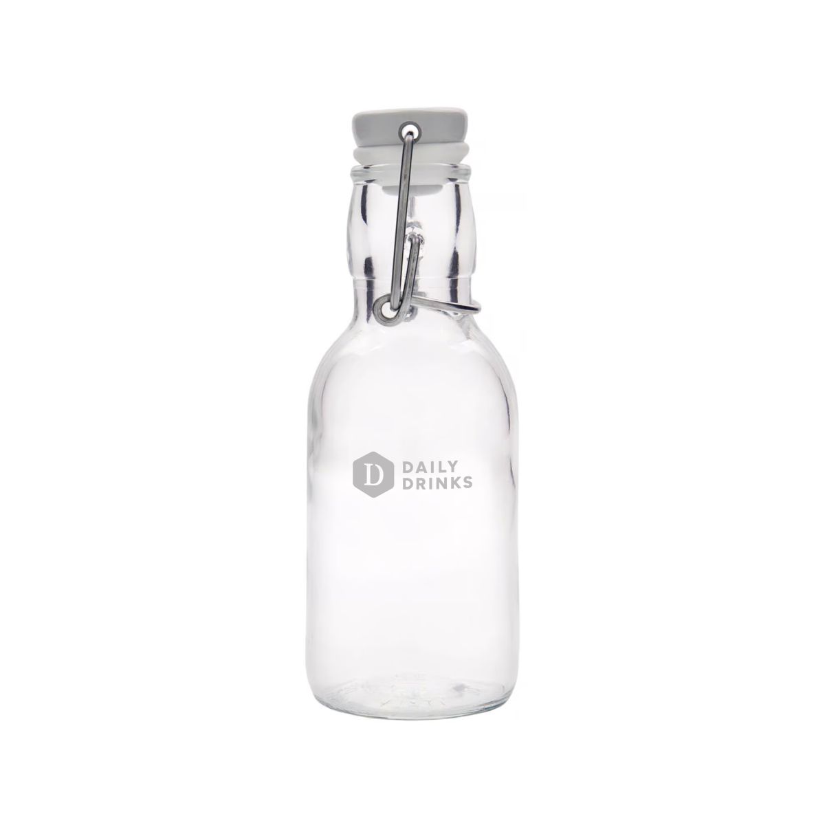 Emilia fles van 0,25 liter met beugelsluiting en gegraveerd DailyDrinks-logo op het glasoppervlak.