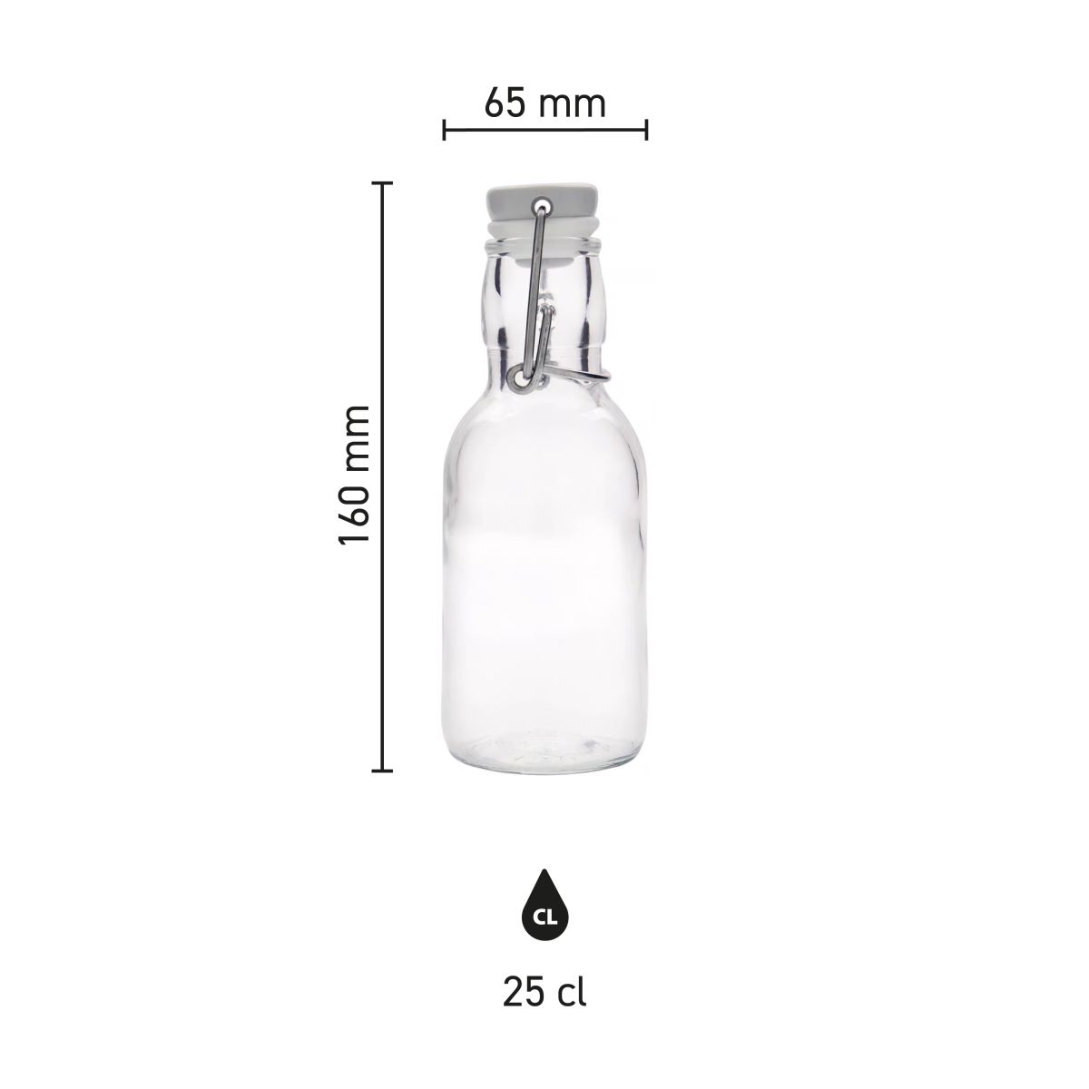 Infographic met hoogte en diameter van de glazen Emilia fles 0,25 liter met beugelsluiting.