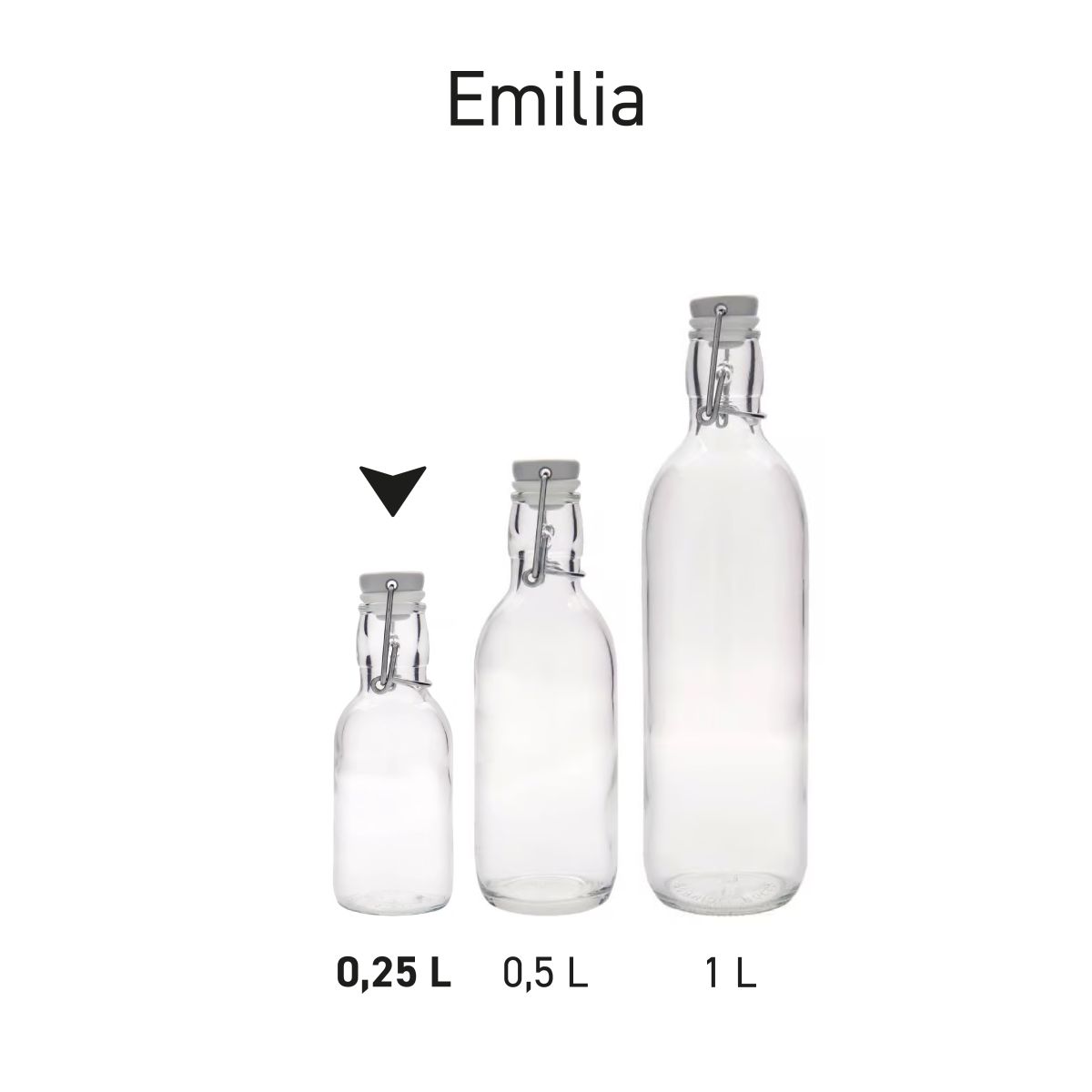Set van meerdere glazen Emilia flessen met beugelsluiting als productserie gepresenteerd.