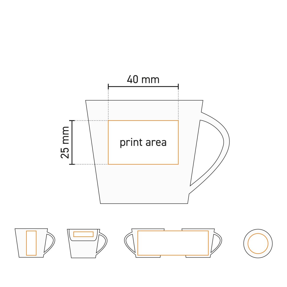 Technische werktekening van Eva espresso kop 10 cl SET porselein met duidelijk gemarkeerd drukgebied.