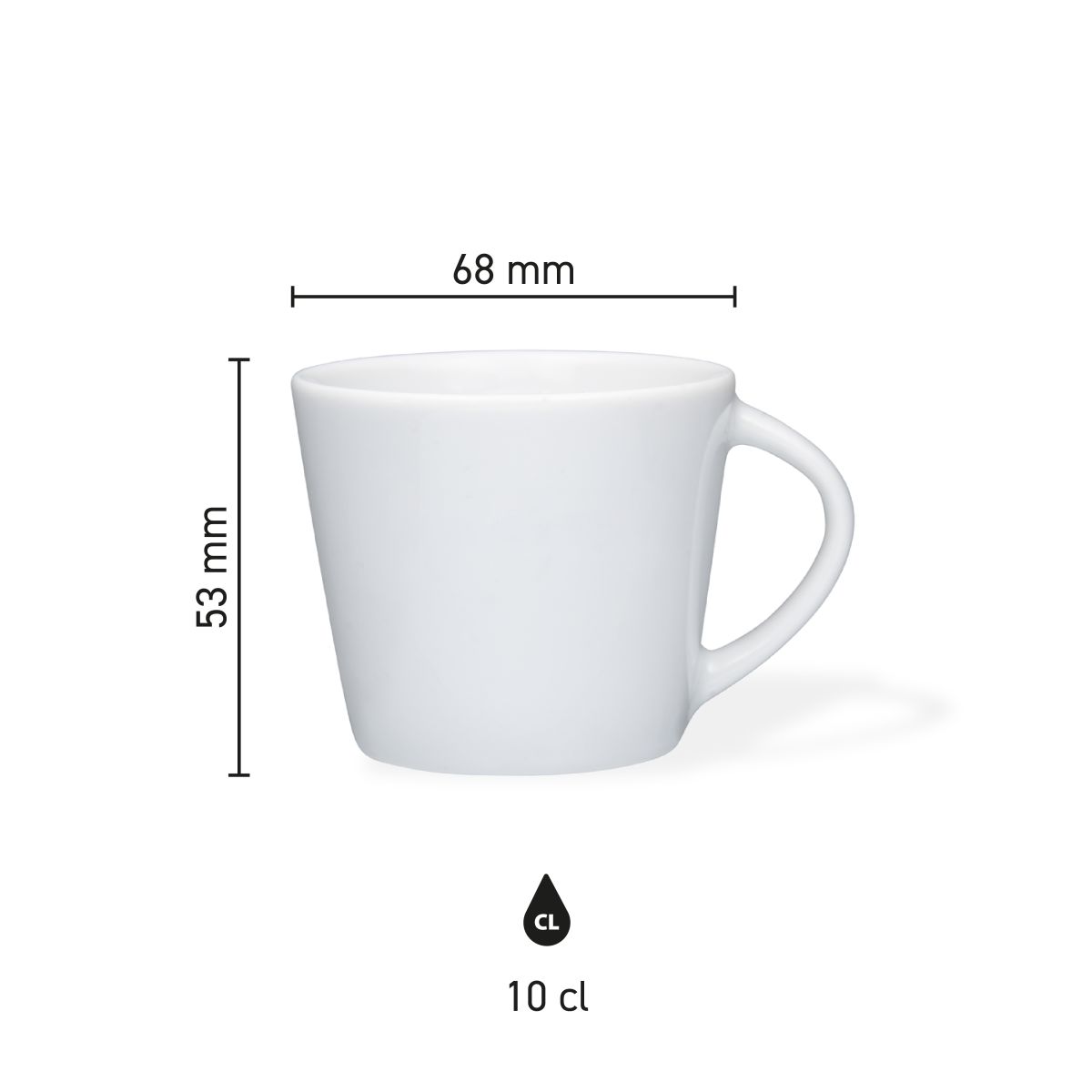 Infographic met afmetingen van de Eva Espresso Kop wit 10 cl. porselein, overzichtelijk weergegeven.