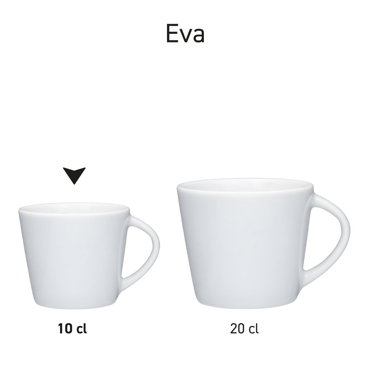 Overzicht van Eva Espresso Kopjes wit 10 cl. en 20 cl. als serie gepresenteerd in porseleinen uitvoering.