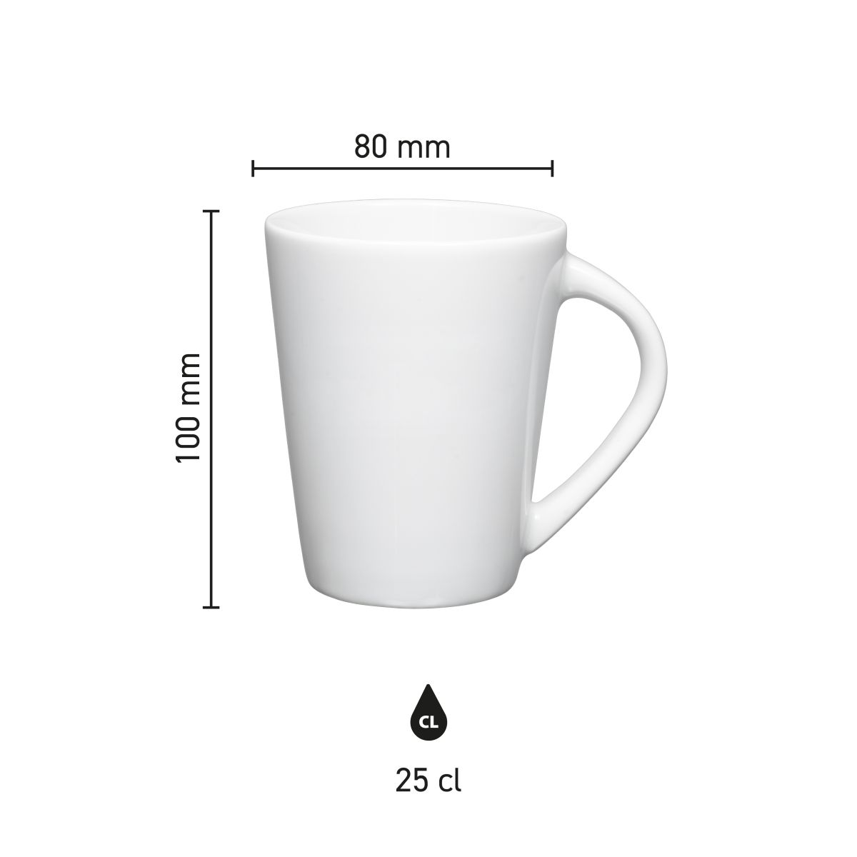 Maatvoering van de Eva mok wit 25 cl porselein met hoogte, diameter en inhoud in infographic