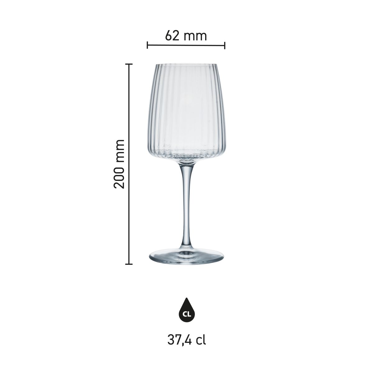 Maatvoering van het Exclusiva Wijnglas 37,4 cl glas met hoogte, diameter en inhoud in infographic