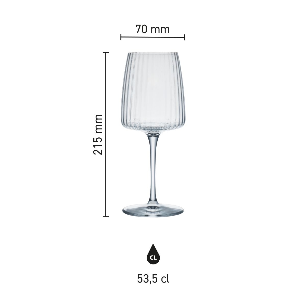 Maatvoering van het Exclusiva Wijnglas 53,5 cl glas met hoogte, diameter en inhoud in infographic