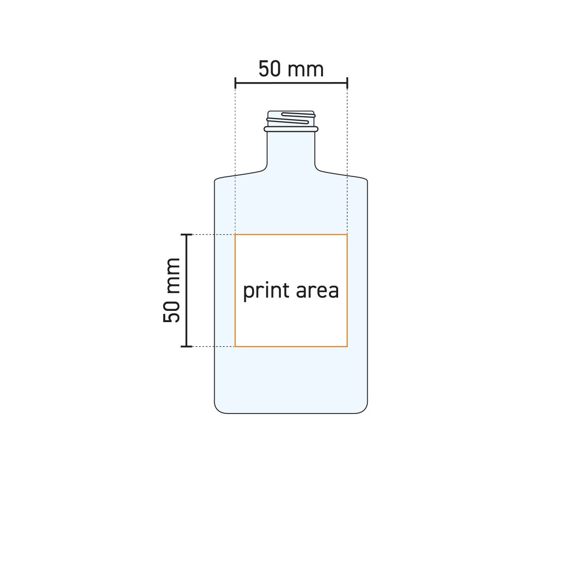 Technische werktekening van de Fles Berlin 0,2 liter glas met aanduiding van het drukgebied op de voorzijde.