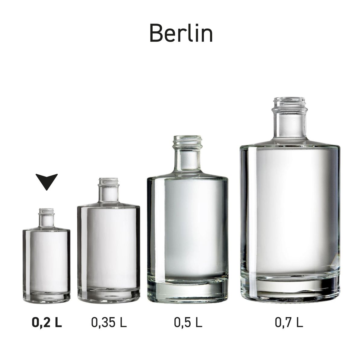 Overzicht van de Fles Berlin 0,2 liter glas als onderdeel van een serie met meerdere flesformaten.