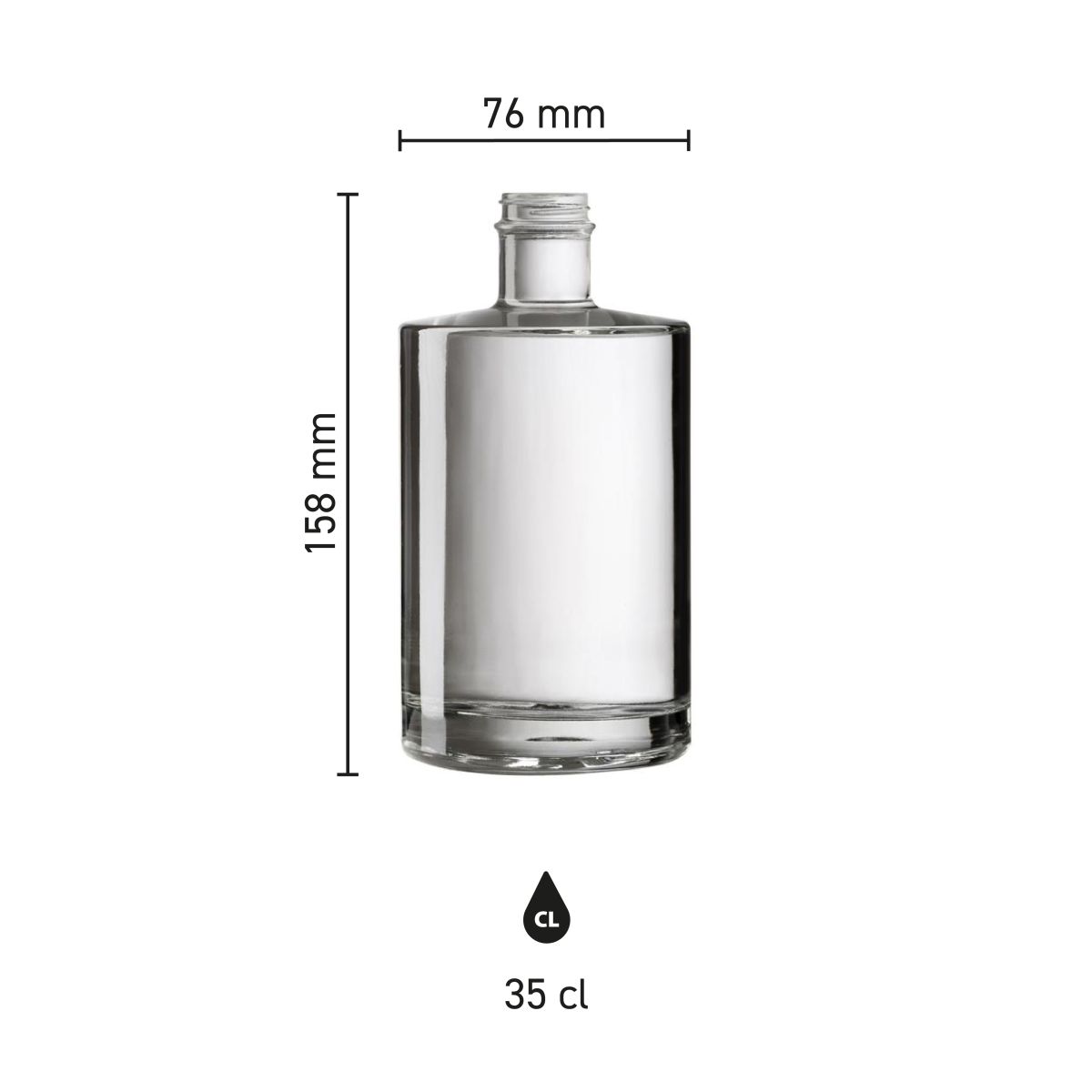 Infographic toont de afmetingen van de Fles Berlin 0,35 liter glas met hoogte en diameter in beeld.
