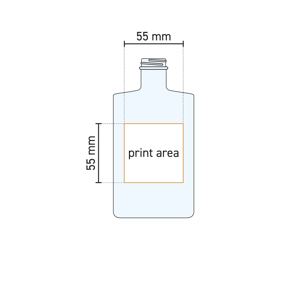 Technische werktekening toont het drukgebied op de voorzijde van de Fles Berlin 0,5 liter glas.