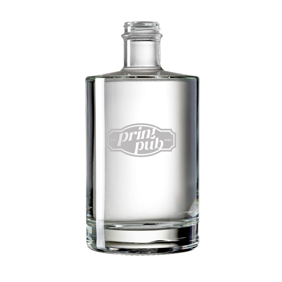 Gravure van het PrintPub-logo op de voorkant van een glazen fles Berlin 0,7 liter, minimalistisch weergegeven.