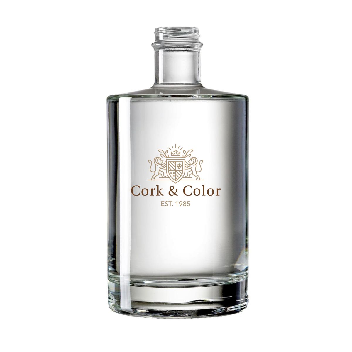 Fles van glas met 0,7 liter inhoud, bedrukt met meerkleurig logo CorkColor op de voorzijde.