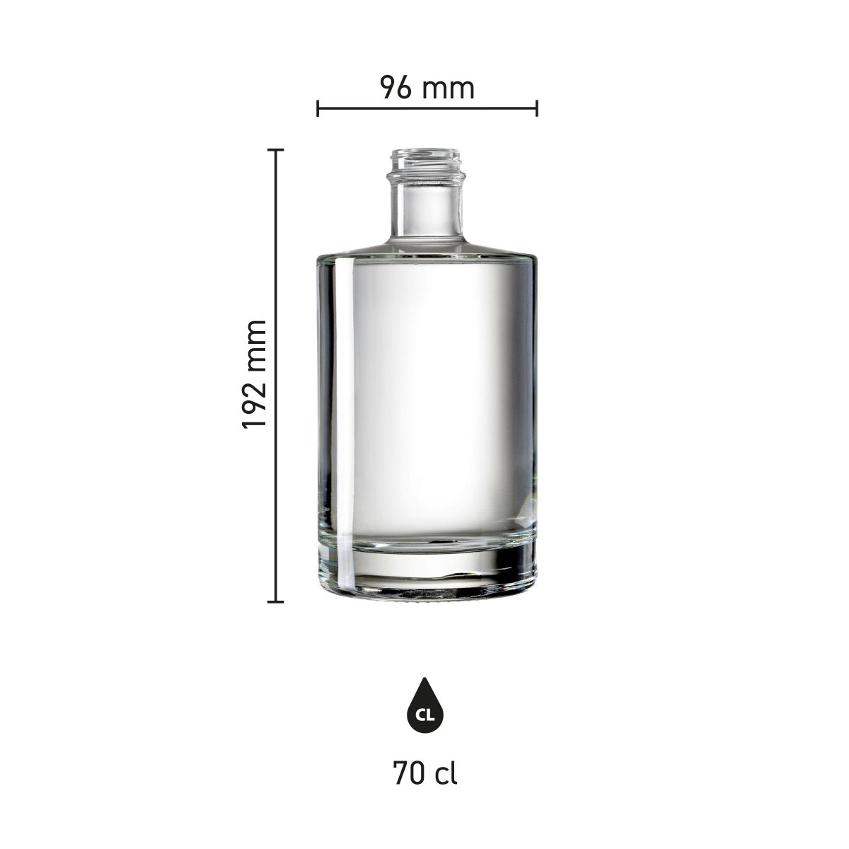 Afbeelding toont afmetingen en verhoudingen van de Berlin 0,7 liter fles in glas, schematisch weergegeven.