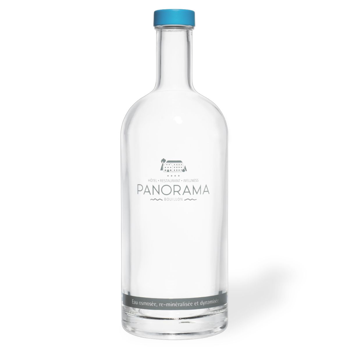 Fles Oslo 1,0 liter glas met gegraveerd Panorama-logo rondom het voorpaneel