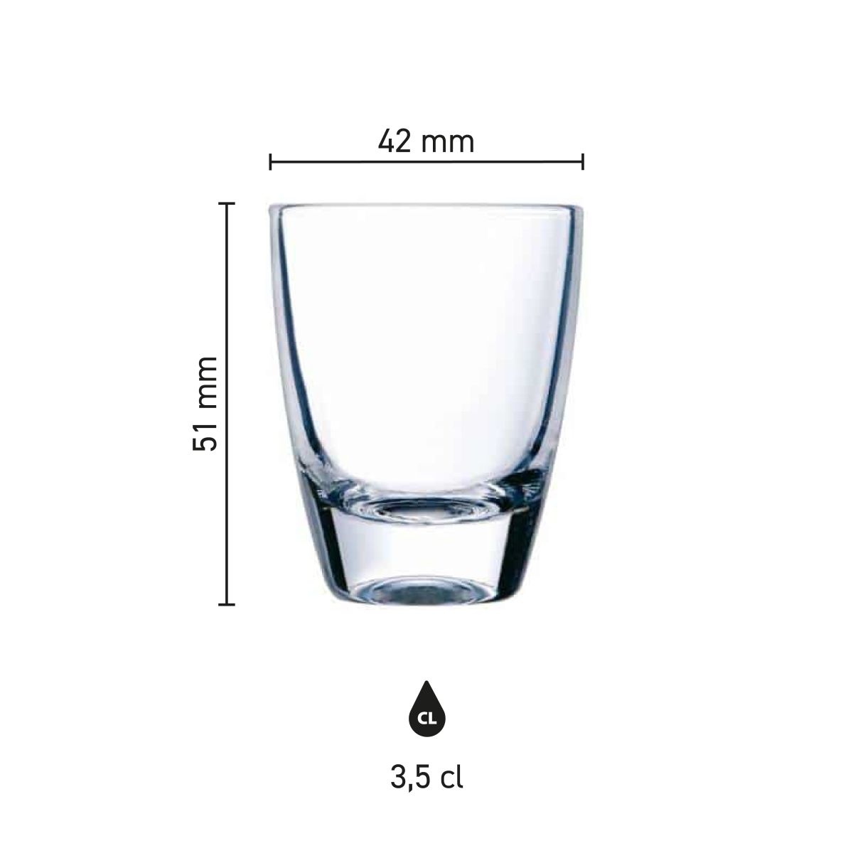 Infographic met productafmetingen van gin shotglas 3,5 cl in glas, inclusief hoogte en diameter in beeld.