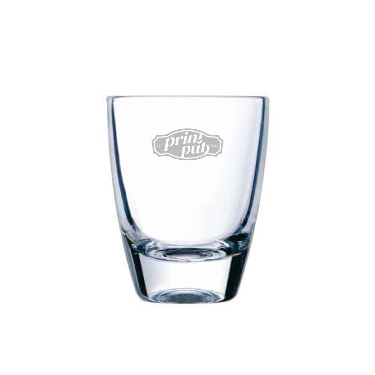 Glas shotglas 5 cl met subtiele gravure van PrintPub-logo op de voorkant van het glas.
