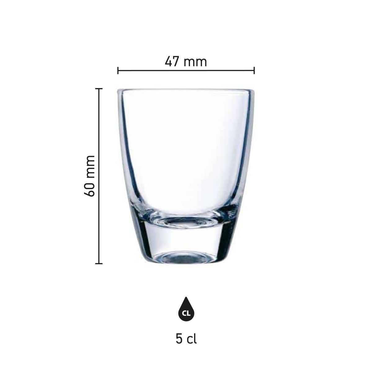 Infografisch overzicht met afmetingen van gin shotglas 5 cl van glas, inclusief hoogte en diameter.