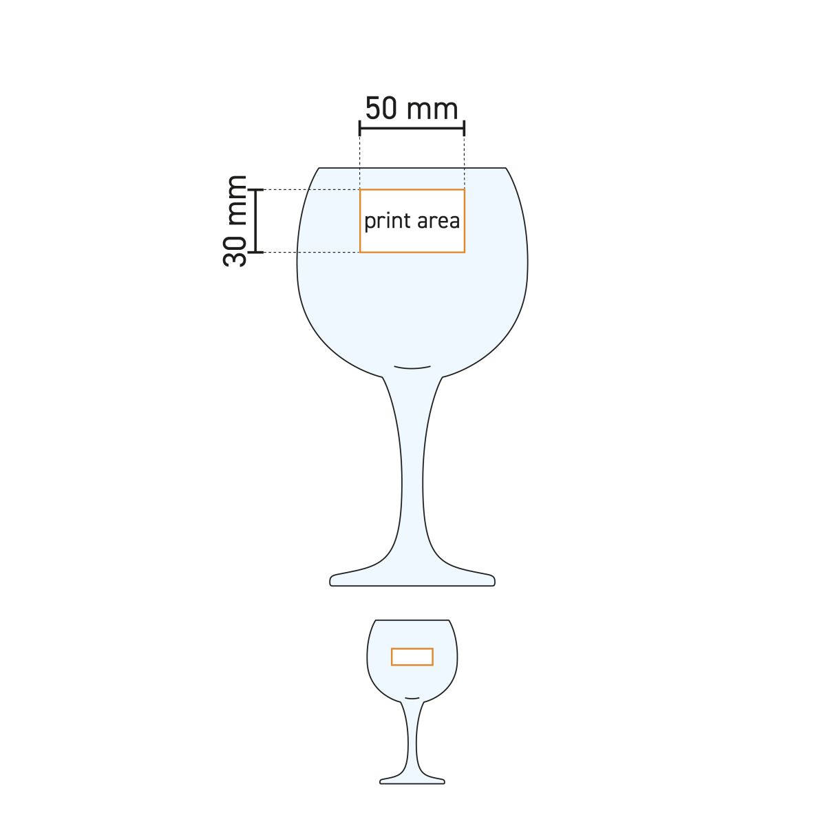 Technische werktekening van Gin Tonic glas Ambassador 56 cl. met aanduiding van bedrukkings- en graveergebied.